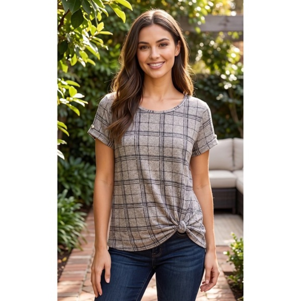 Vintage Rose Plaid Short Roll-Tab Sleeve Side Knot Top Grey Black Large